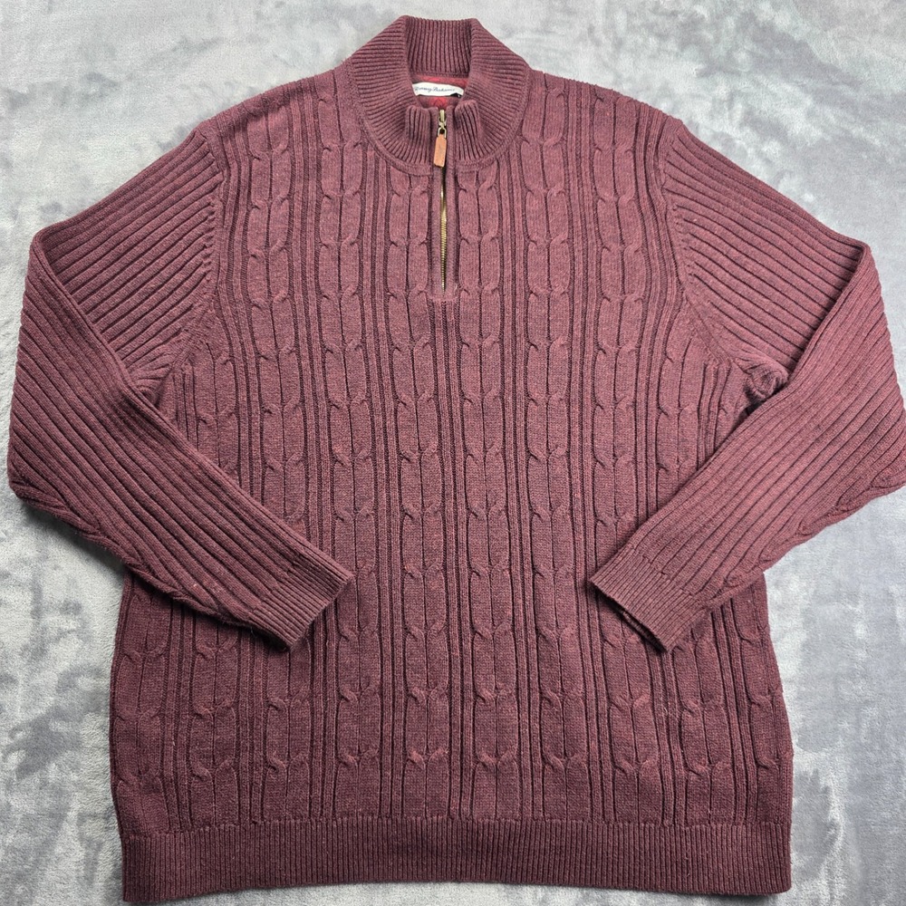 Tommy‎ Bahama Quarter Zip Sweater Mens XL Burgundy Cable Knit Cotton Blend